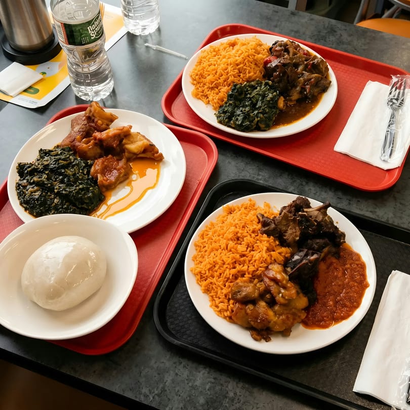 Three plates of West African food, including jollof rice, stewed meats, and fufu, on trays.