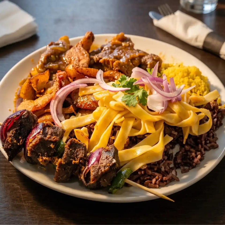 A large plate of food with meat skewers, rice, noodles, potatoes, and red onions.