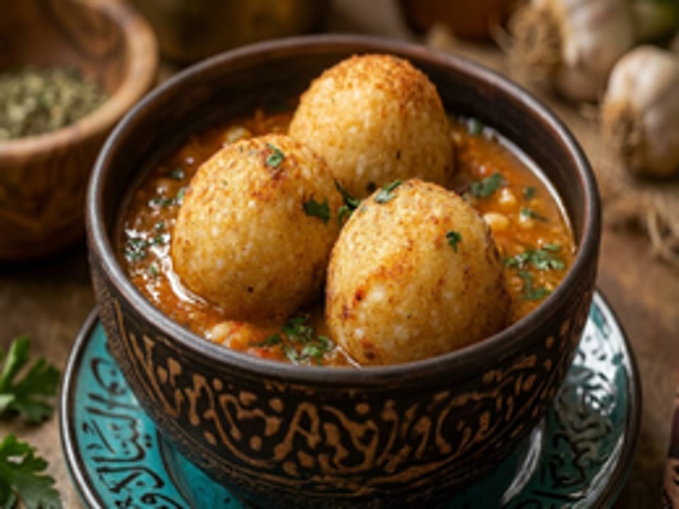 Three golden arancini balls in a rich, spiced tomato sauce, garnished with parsley in a decorative bowl.